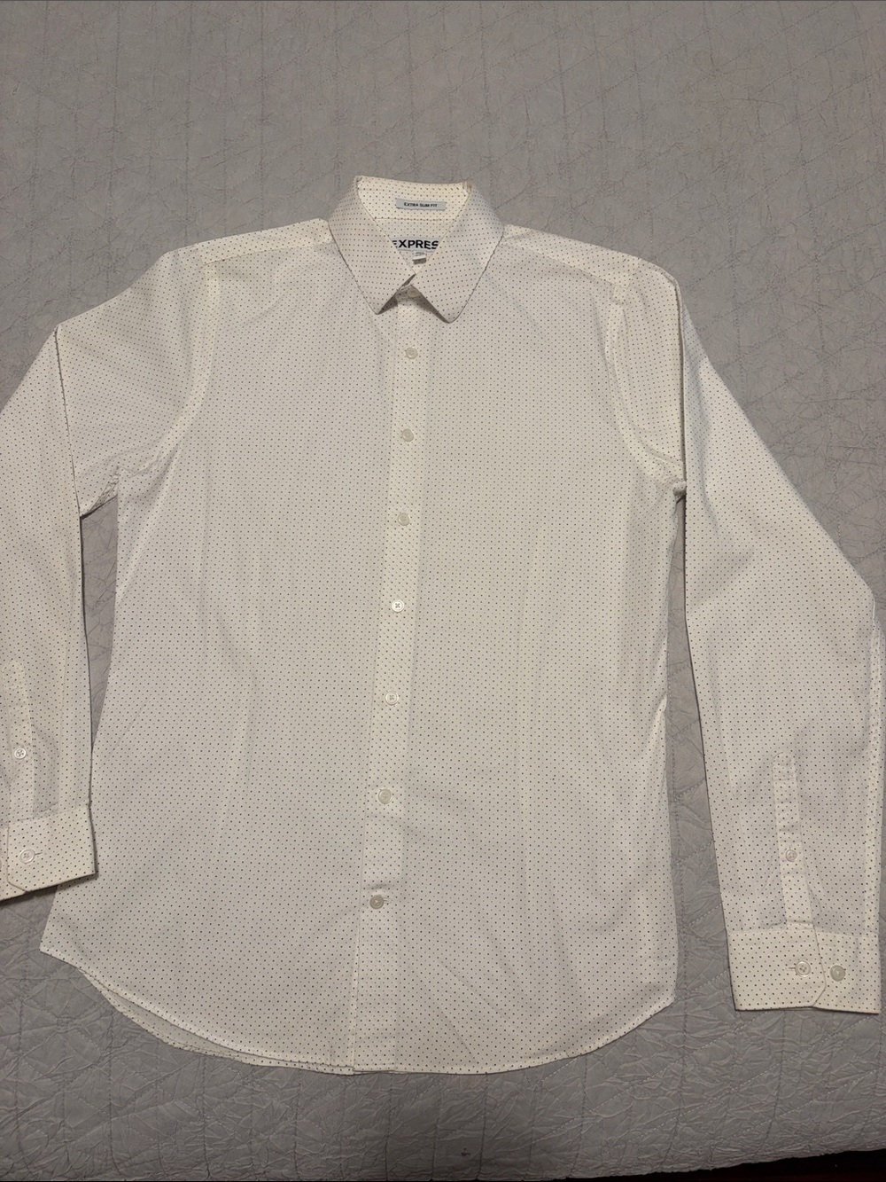 Express White Dress Shirt with Small Navy Dot Pattern